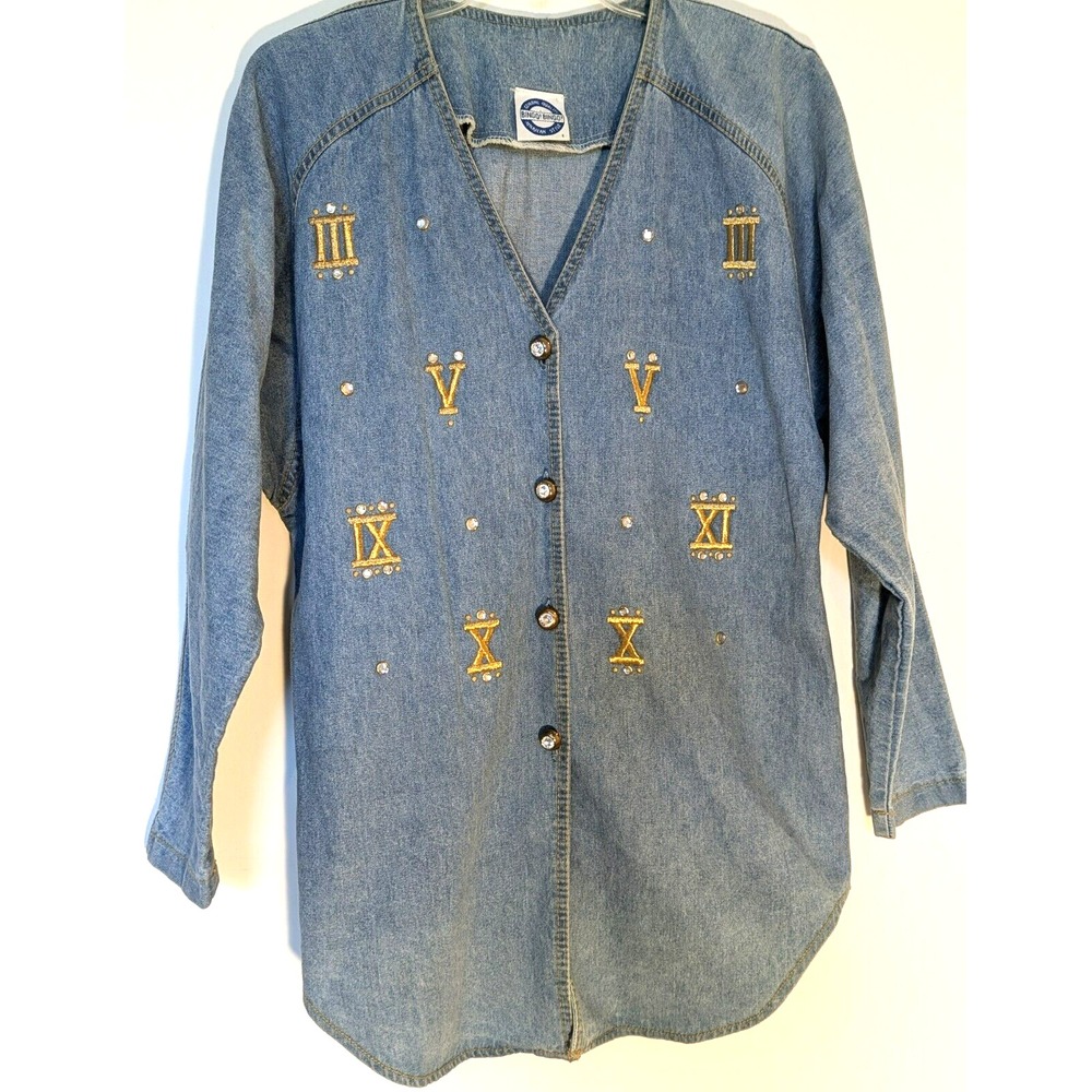 Vtg DENIM BLOUSE WOMEN SZ L-XL  Embroidered Bingo Winner Unique Head Turner